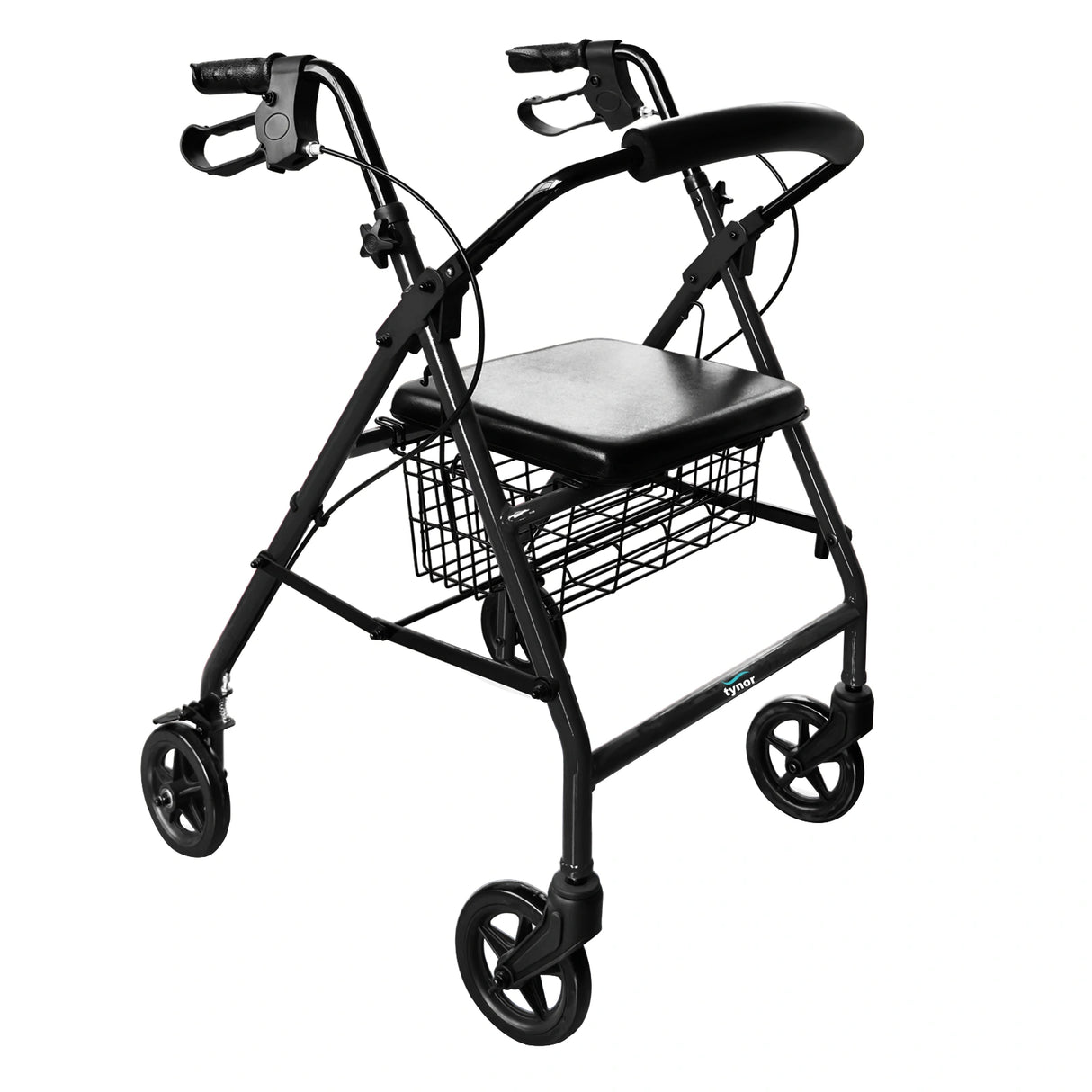 Black rollator with seat and basket on a white background