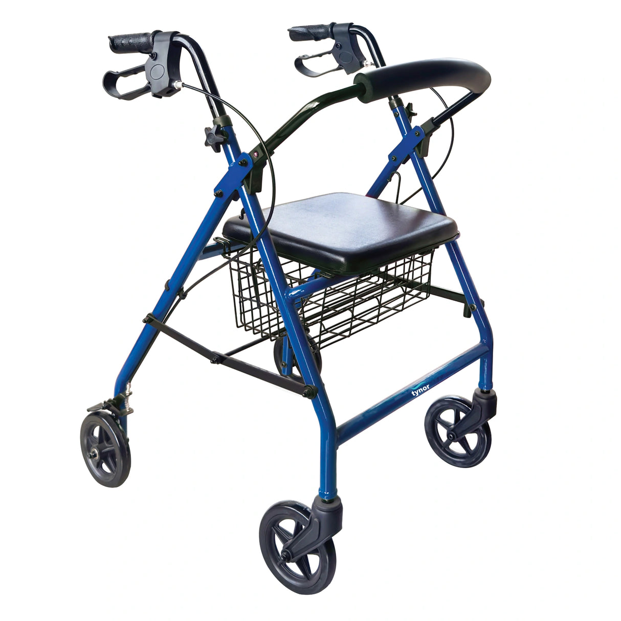 Blue walker with a seat and basket on a white background