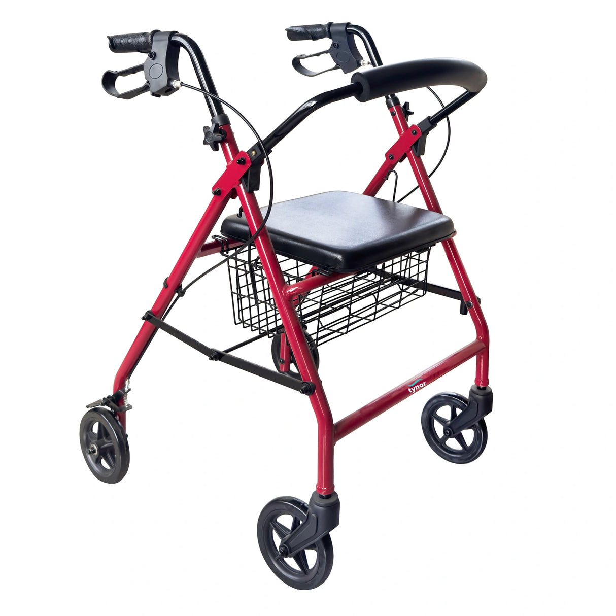 Red rollator with a black seat and basket on a white background